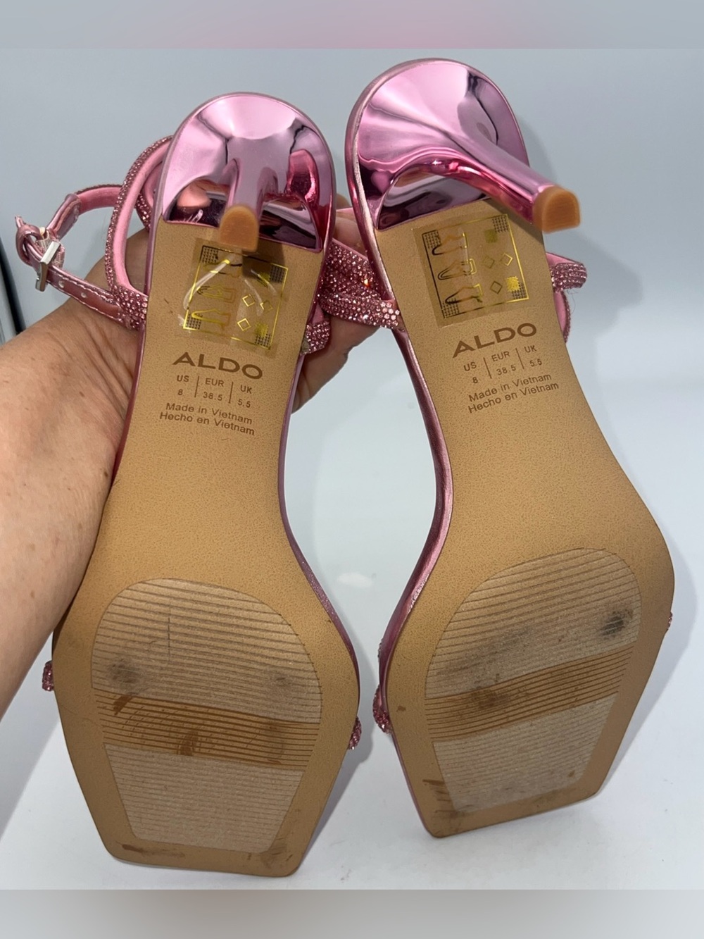 ALDO Barrona Pink Sandals Rhinestones Vegan Leather Heels Women’s Size 8 NWB - Picture 9 of 14
